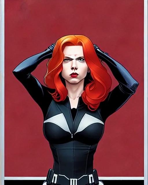 Prompt: phil noto comicbook cover art, black widow marvel, symmetrical eyes, long red hair, full body, city rooftop