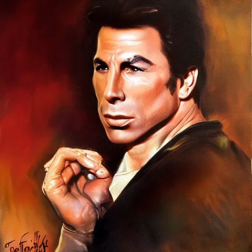 Image similar to ultra realistic portrait painting of john travolta, art by frank frazetta, 4 k, ultra realistic, highly detailed, epic lighting