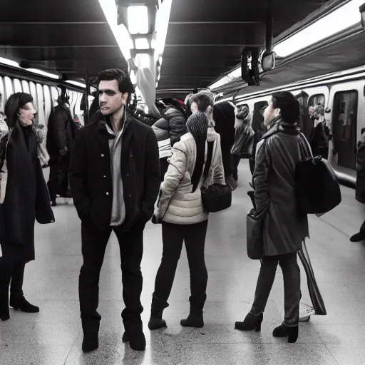 Image similar to A group of friends talking while standing in the crowded New York metro, cinematic, 4k, thriller