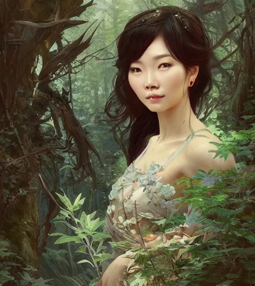 Image similar to beautiful cottagecore Asian woman, intricate, magical forest, stunning, highly detailed, digital painting, artstation, concept art, smooth, sharp, focus, illustration, art by artgerm and greg rutkowski and alphonse mucha