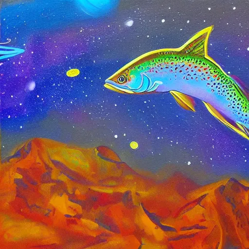 Prompt: a painting of a trout swimming in outer space, naushadarts