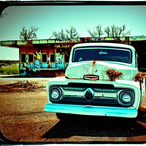 Image similar to Abandoned gas station on route 66, bird nest inside hood of white rusty vintage Ford pickup truck with flat tires, Nikon camera photo, style of 1970