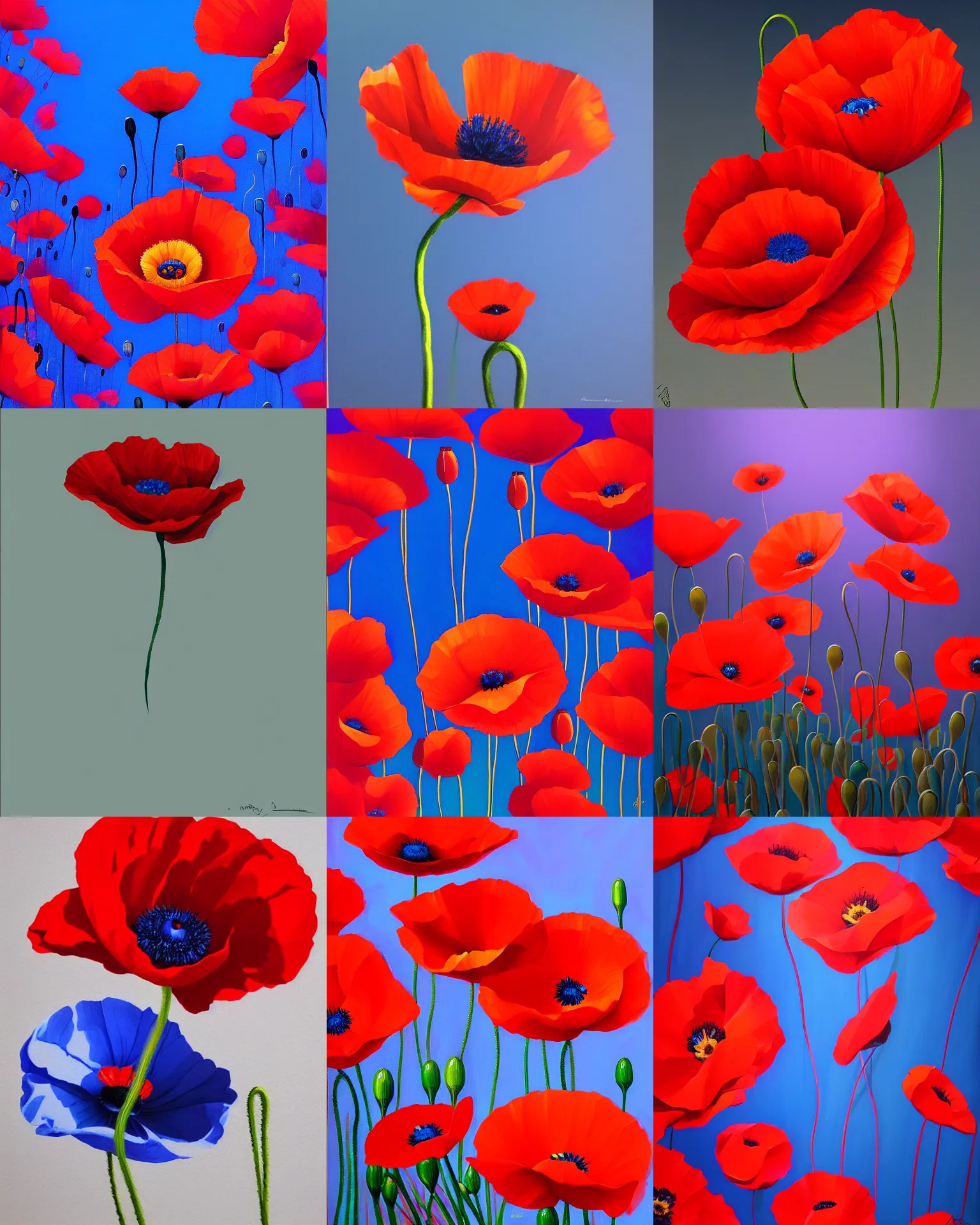 Prompt: poppy flowers painting by stanley artgerm, dramatic lighting, ilya kuvshinov, trending on artstation, flat colour, geometric curves, gradient filter, red and blue back light