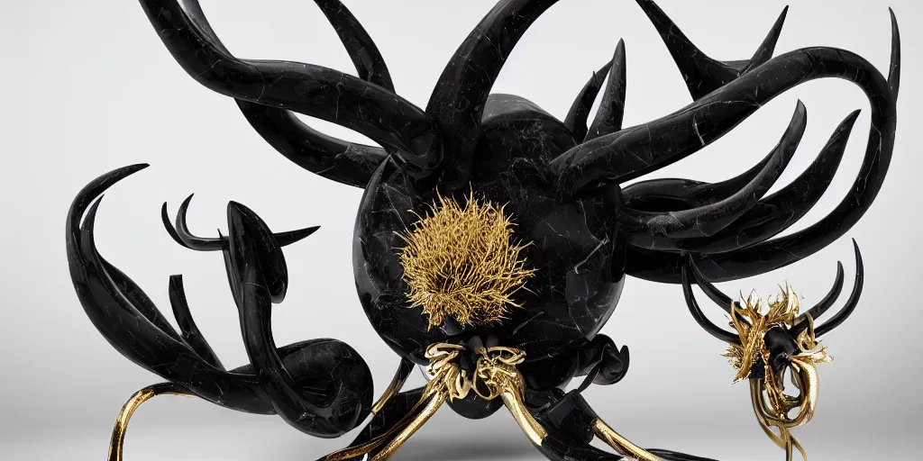 Prompt: hollow knight, emu, horns, wide angle, italian masterpiece, Ashford Black Marble, sculpture, baroque, draped with white Hibiscus and vines and spines, white marble and gold, drapes, beetle, still life, Obsidian, portrait, render, octane, artstation, ultra detailed