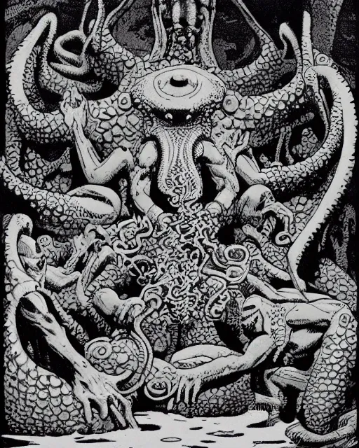Prompt: a group of fishmen worship a statue of cthulu in a large water - filled cavern. black and white line art, drawn by mike mignola, moebius, peter mullen.