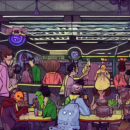 Image similar to food court at a crowded space station, jim henson creature shop, mike mignogna, cyberpunk, retrofuture, illustration