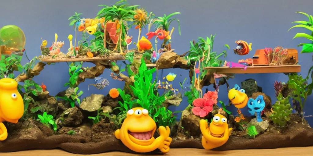 Prompt: side view of tropical fish tank, wallace and gromit wrong trousers. mechanical. plasticine models. clay sculptures. figures. wet surface. bubble out of a shell