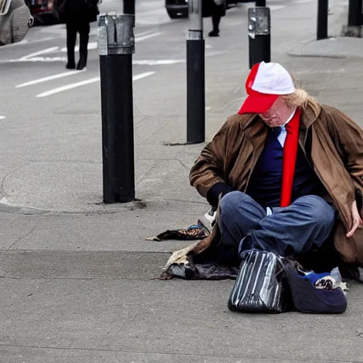 Image similar to donald trump dressed as a homeless man asking for money on the streets, detailed face