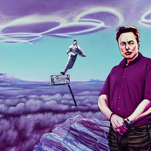 Image similar to a portrait of a elon musk in a scenic environment by abercrombie, gertrude. cgsociety, surrealism, surrealist, dystopian art, purple color scheme