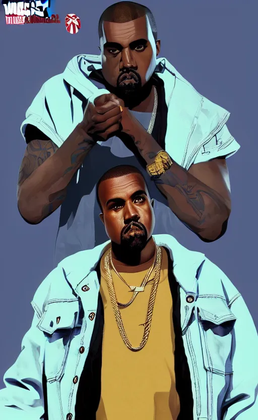 Image similar to kanye west in grand theft auto 5, cover art by stephen bliss, artstation