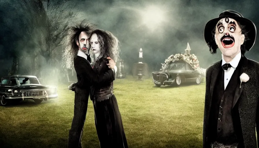 Image similar to Tim Burton movie about an evil hearse attacking people at a wedding