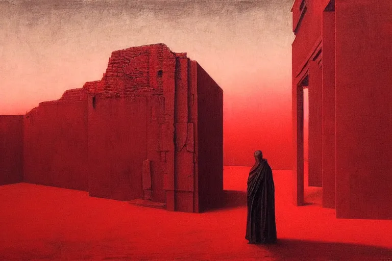 Prompt: only with red, caesar after war, the great deal, a red tiger, in hoc signo vinces, rome in background, an ancient path, in the style of beksinski, part by hopper, part by rodcenko, part by hofbauer, intricate composition, red by caravaggio, insanely quality, highly detailed, masterpiece, red light, artstation