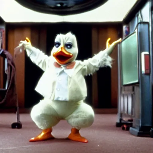 Prompt: a film still of howard the duck