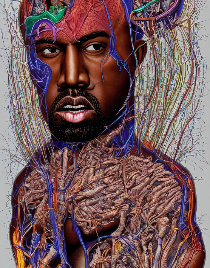 Image similar to an anatomical illustration of Kanye West from a medical journal by Nychos and Alex Grey, highly detailed, high detail, 8k