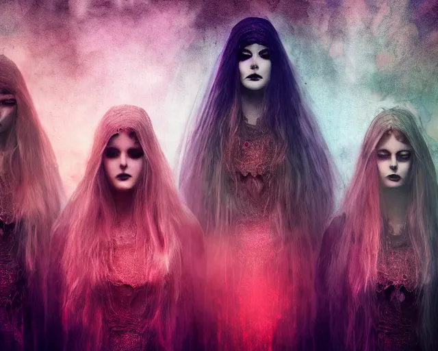 Image similar to three stunning otherworldly gothic goddesses of beauty wearing psychedelic wicca, full body, dark and mysterious, atmospheric, ominous, eerie, cinematic light, epic, 8 k 3 d, ultra detail, ultra realistic