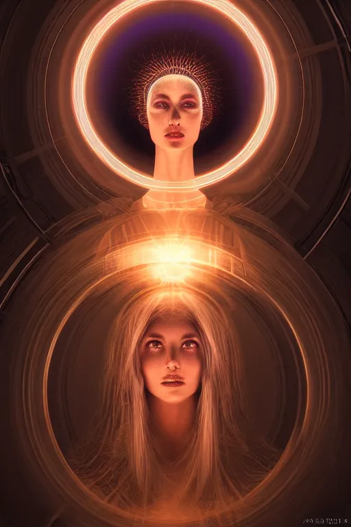 Image similar to a centered render of a goddess emitting a glorious energy from a circular portal on her head and is surrounded by spiral mandel bulb fractals, powerful, cinematic, beautifully lit, by artgerm, by h. r. giger, 3 d, trending on artstation, octane render, 8 k