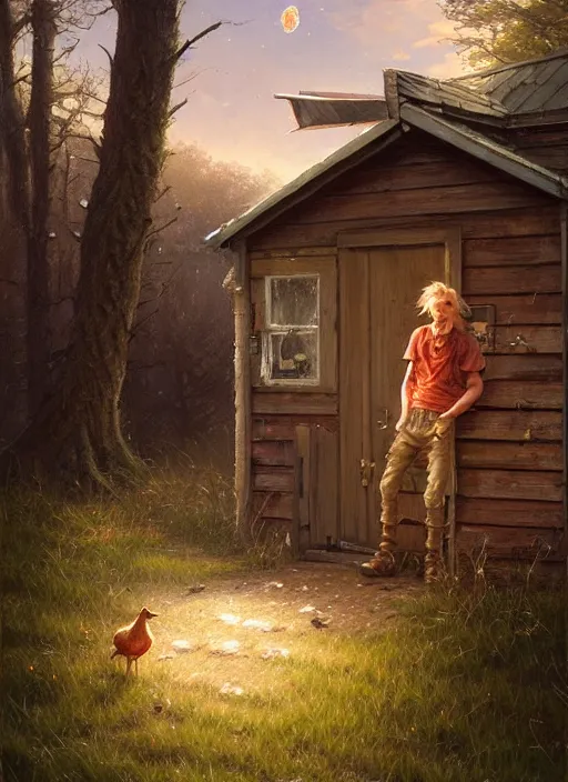 Image similar to highly detailed hyperrealistic painting of a short hillbilly with long blonde hair standing in front of his porch yelling at his friend, bonfire, stephen bliss, art by greg rutkowski, loish, rhads, ferdinand knab, makoto shinkai and lois van baarle, tom bagshaw, photo, portrait, global illumination, artstation