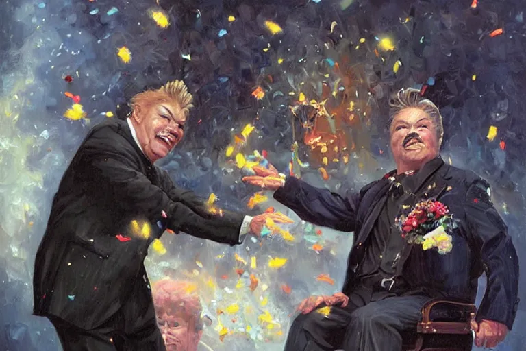 Image similar to portrait of rip taylor throwing confetti during a funeral service, an oil painting by ross tran and thomas kincade