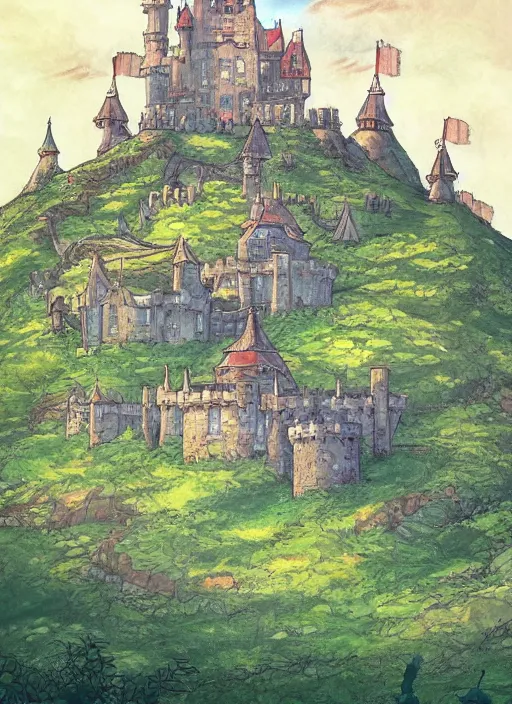 Image similar to cartoon illustration of a castle on top of a hill, concept art by hayao miyazaki, featured on pixiv, fantasy art, concept art, official art, anime aesthetic