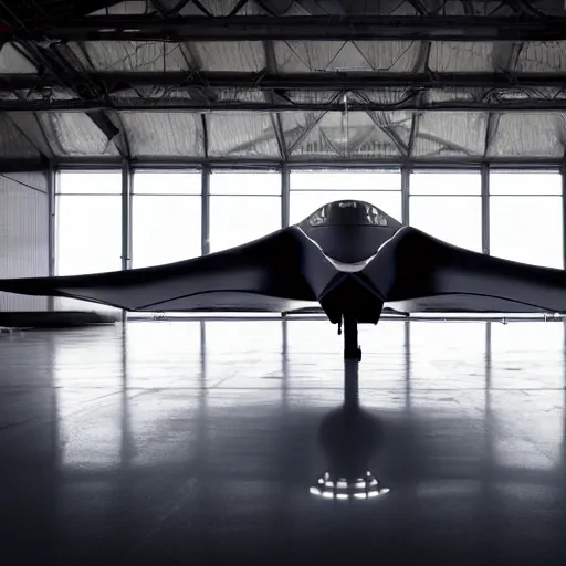 Prompt: photo of northrop b - 2 spirit, cinematic lighting, reflection on floor, f / 2. 4 lens flare