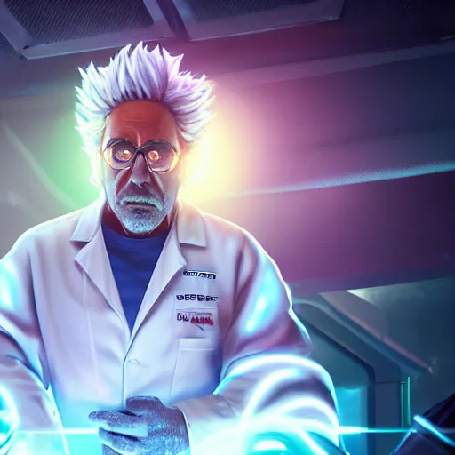 Image similar to portrait of rick sanchez, lab coat, lens flare, atmosphere, glow, detailed, intricate, full of colour, cinematic lighting, trending on artstation, 4 k, hyperrealistic, focused, extreme details, unreal engine 5, cinematic, masterpiece