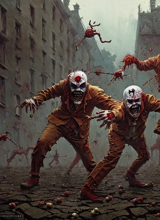 Image similar to masterpiece concept art, evil creepy clowns fighting zombies, by greg rutkowski and geof darrow, 8 k, intricate detail, cinematic lighting