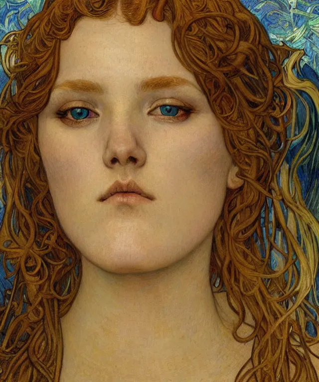 Image similar to detailed realistic beautiful young medieval queen face portrait by jean delville, alphonse mucha, vincent van gogh, and marco mazzoni, art nouveau, symbolist, visionary, gothic, pre - raphaelite