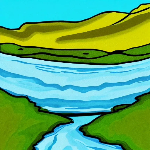 Image similar to digital art painting of a river running through the plains, very mediocre, not so detailed at all.