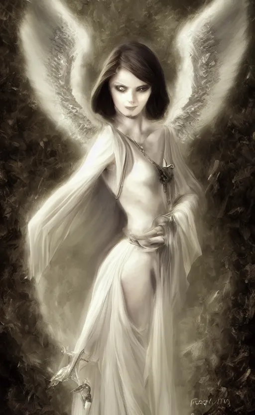 Prompt: Angel knight gothic girl. By Konstantin Razumov, Fractal flame, chiaroscuro, holographic, highly detailded