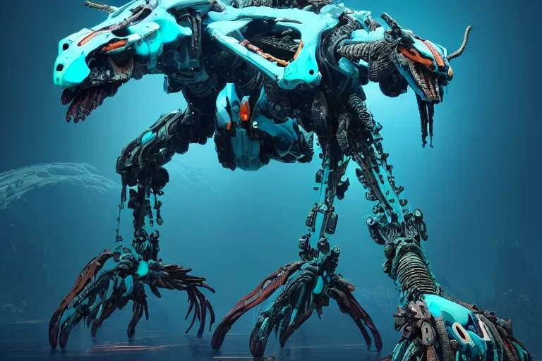 Image similar to a hyper detailed cyan fanghorn evangelion realistic mechanical and organic creature similar look as horizon forbidden west horizon zero dawn, bioluminiscence in a dark deep forest at dawn in spring, with reflection and textures, by kilian eng, substance painter reaslitic mech surface metal painted scratches,