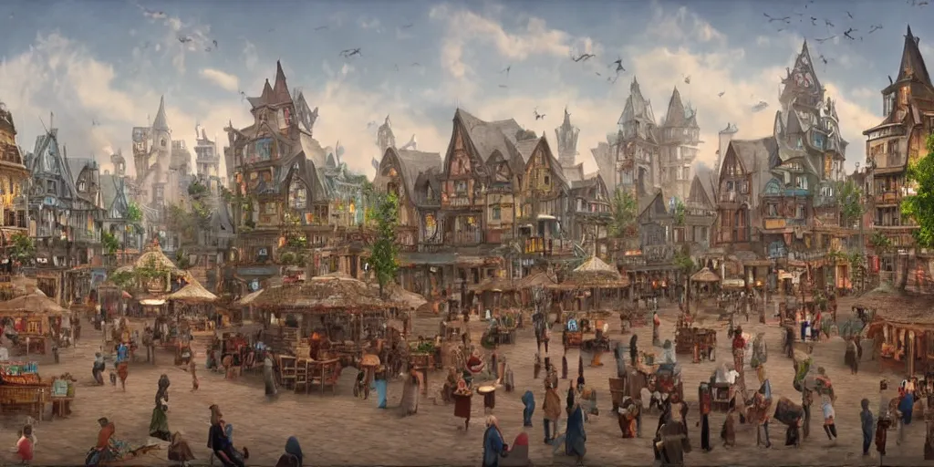 Image similar to beautiful matte painting of a fantasy town square