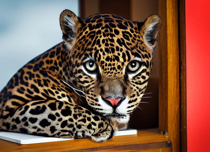 Image similar to photography of a Jaguar Cat . watching outside the window. on a bed. in a 70's room full of vinyls and posters, photorealistic, award winning photo, 100mm, sharp, high res