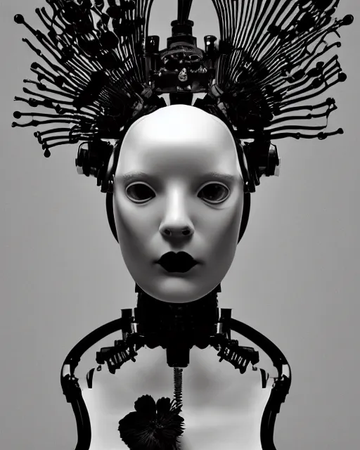 Image similar to black and white dreamy foggy profile face portrait, one steampunk cat eye biomechanical beautiful young female cyclope - cyborg - robot bust, body ribs meshes,, volumetric light, hibiscus flowers, by hg giger, rim light, by dora maar and cecile beaton, big gothic fashion pearl embroidered collar, 8 k