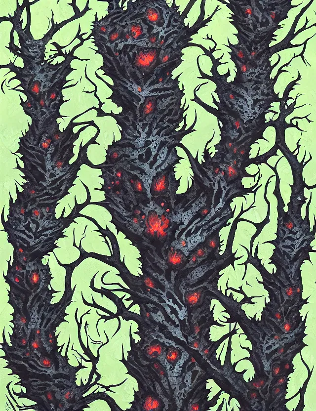 Prompt: raven god in the lichen woods. this gouache painting by an indie artist has an interesting color scheme, plenty of details and impeccable lighting.