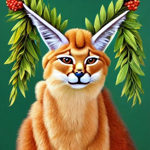 Image similar to fullbody portrait of humanoid anthropomorphic cute fluffy caracal with laurel wreath on his head, chaplet on head, illustration, high detail, francine van hove