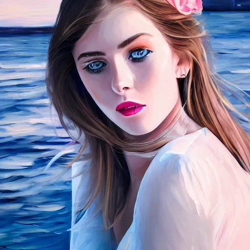 Image similar to beautiful russian models on a yacht wearing a white dress, detailed face with pink lips, blue eyes and large forehead, moody lighting, peaceful atmosphere, digital art, highly detailed, high contrast, beautiful lighting, award winning, trending on art station, 8 k,