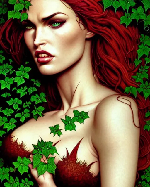 Image similar to closeup portrait of poison ivy megan fox, beautiful succubus, intricate, flowers, hyperrealism, intense, dmt, artgerm, moebius, glamour pose, arney freytag, greg rutkowski, maxfield parrish, dan mumford, moebius, alphonse mucha