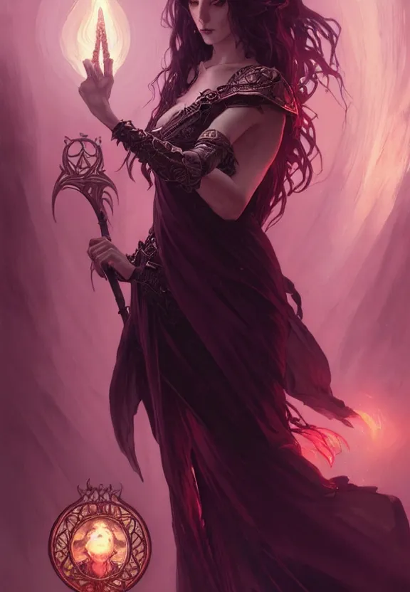 Image similar to Necromancer Sorceress in center, fantasy magic, undercut hairstyle, dark light night, intricate, elegant, sharp focus, illustration, highly detailed, digital painting, concept art, matte, art by WLOP and Artgerm and Greg Rutkowski and Alphonse Mucha, masterpiece