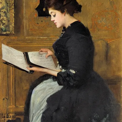 Image similar to woman reading a construction manual by alfred stevens