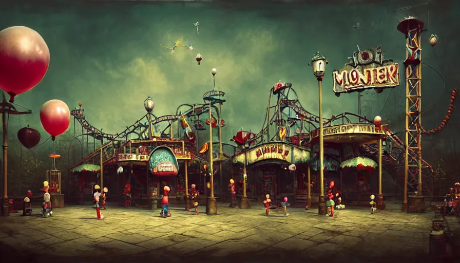 Image similar to michal karcz grunge painting of an amusement park, monster and horror theme. A monster is selling balloons to children. detailed elegant, intricate, 4k,