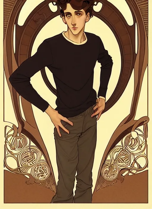 Image similar to art nouveau portrait of a handsome young man with curly light brown hair, brown eyes, serious facial expression, gloomy mood, annoyed, t - shirt, natural lighting, path traced, highly detailed, high quality, cartoon, digital painting, by don bluth and ross tran and studio ghibli and alphonse mucha