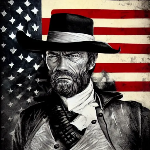 Image similar to an 1 8 0 0 s photo of donald tusk, squinting at high noon, style of a clint eastwood movie, the good, the bad and the ugly, vibe, glory days, justice, american flag, independence, patriotism, black and white, artgerm