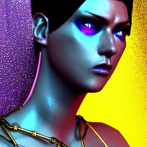 Prompt: hyperdetailed close portrait of a stunningly beautiful cyberpunk girl androgynous wizard guard made of iridescent metals and shiny purple gems, bright rainbow nimbus, transparent necklace, gold background inspired by ross tran and masamune shirow and kuvshinov, concept art, intricate, photorealistic, octane render, rtx, hdr, unreal engine, dnd digital art by artgerm