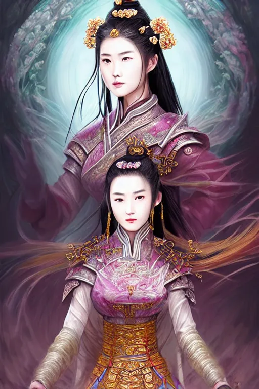 Image similar to beautiful ancient fantasy portrait of wuxia armored heroine, Liu Yifei, Zhao Lu Si wearing like Xian Xia wardrobe, in forbidden City, hybrid from Dynasty Warriror, flowers sea rainning everywhere, intricate, very very beautiful, elegant, highly detailed, digital painting, beautiful glowing galaxy eyes, artstation, fantasy concept art, smooth, sharp focus, illustration, art by alphonse mucha and WLOP and tian zi