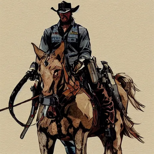 Image similar to a portrait of Arthur Morgan from Red Dead Redemption as a cyborg riding a cyborg horse, art by Yoji Shinkawa