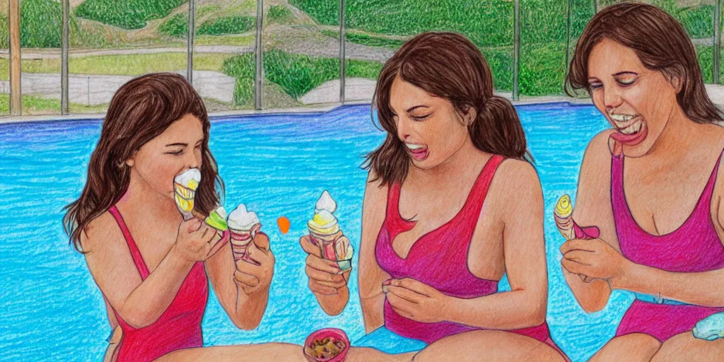 Image similar to colored pencil drawing of two women eating ice cream at the pool, one has two scoops of rainbow sherbet and the other has a huge waffle cone of vanilla