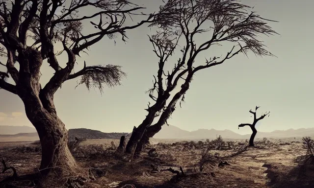 Image similar to medium shot of a crying ancient dried up Danu, peaceful, facing the camera and standing in front of a dried up river in a desolate land, dead trees, blue sky, hot and sunny, highly-detailed, elegant, dramatic lighting, artstation, 4k, cinematic landscape, photograph by Elisabeth Gadd