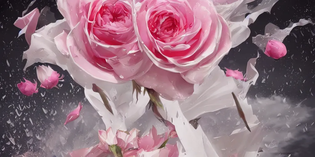 Image similar to flying longswords flowing slicing through a bouquet of white and pink roses, flowers exploding and spraying, big puffy clouds, sharp rain, large rose petals, lotus petals, large polygonal background elements, large polygons, dramatic anime, dramatic lighting, artgerm, manga, trending on artstation, art nouveau, mature colors