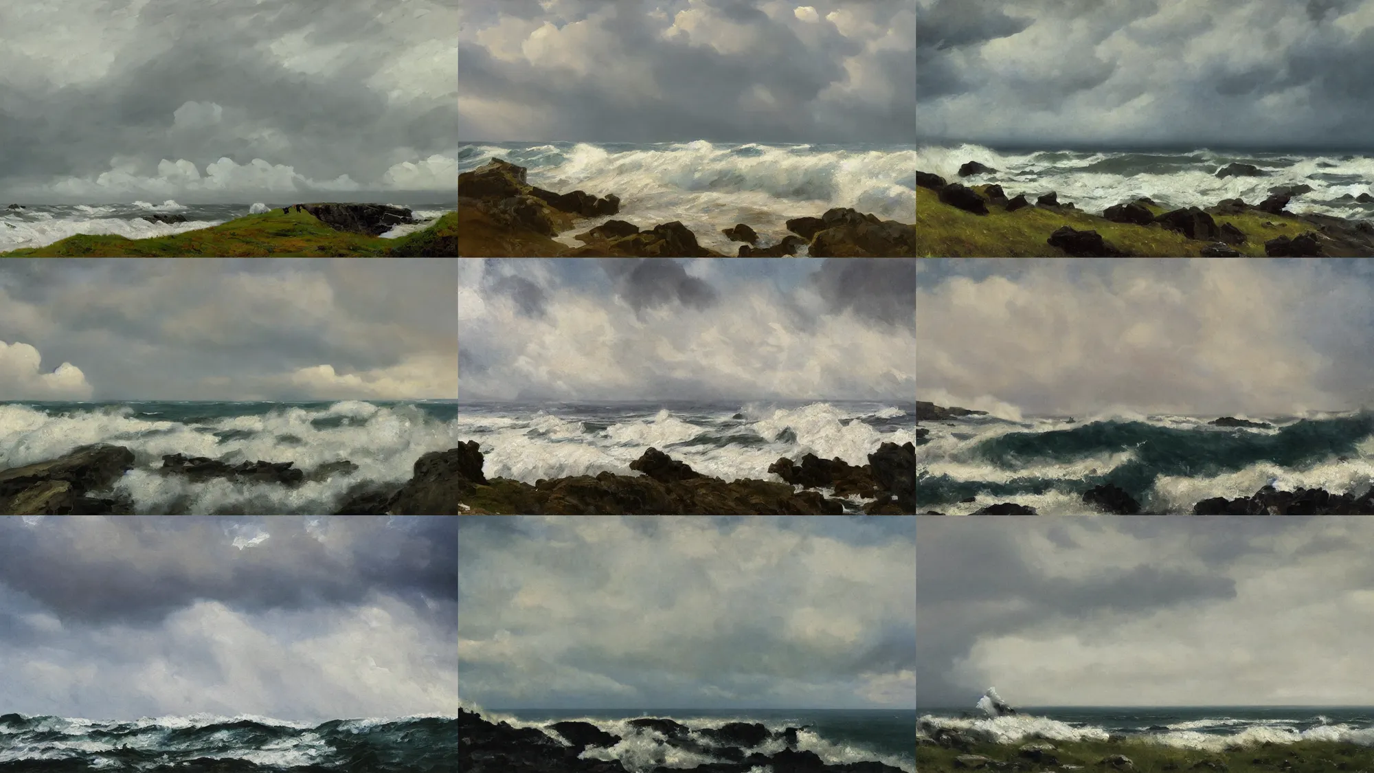 Prompt: painting in the style of Ivan Aiwazovsky, Savrasov, arkhip kuindzhi and frederick judd waugh, T Allen Lawson and Ian Fisher and sidney richard percy, sea storm and big waves cliffs, coast, strong wind, road to the sea, low clouds after rain, wet grass and black stones, dream heavenly cloudy sky, horzon, hurricane stromy clouds, small village, forests and mountains at sunset sunrise, volumetric lighting, very beautiful scenery, pastel colors, ultra view angle view