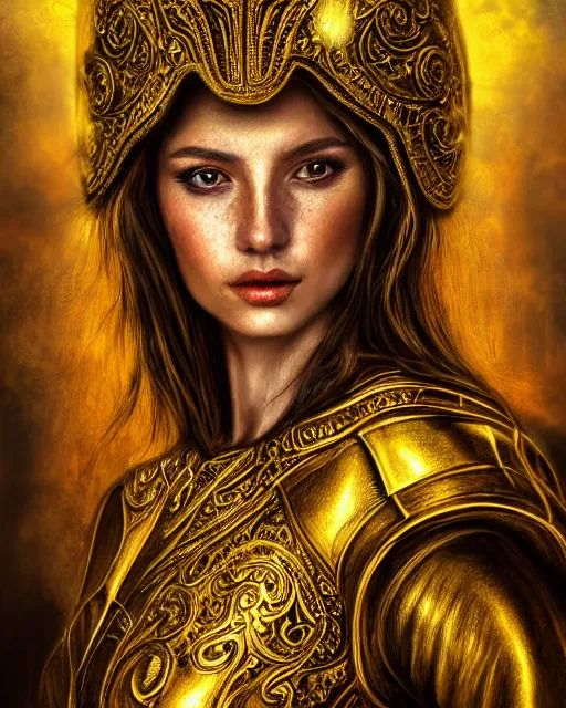 Image similar to digital painting portrait of woman in shining golden armor, high production value, intricate details, high resolution, hdr, high definition, masterpiece, realistic, ultrarealistic, highly detailed, hd, sharp focus, non blurry, sharp, smooth